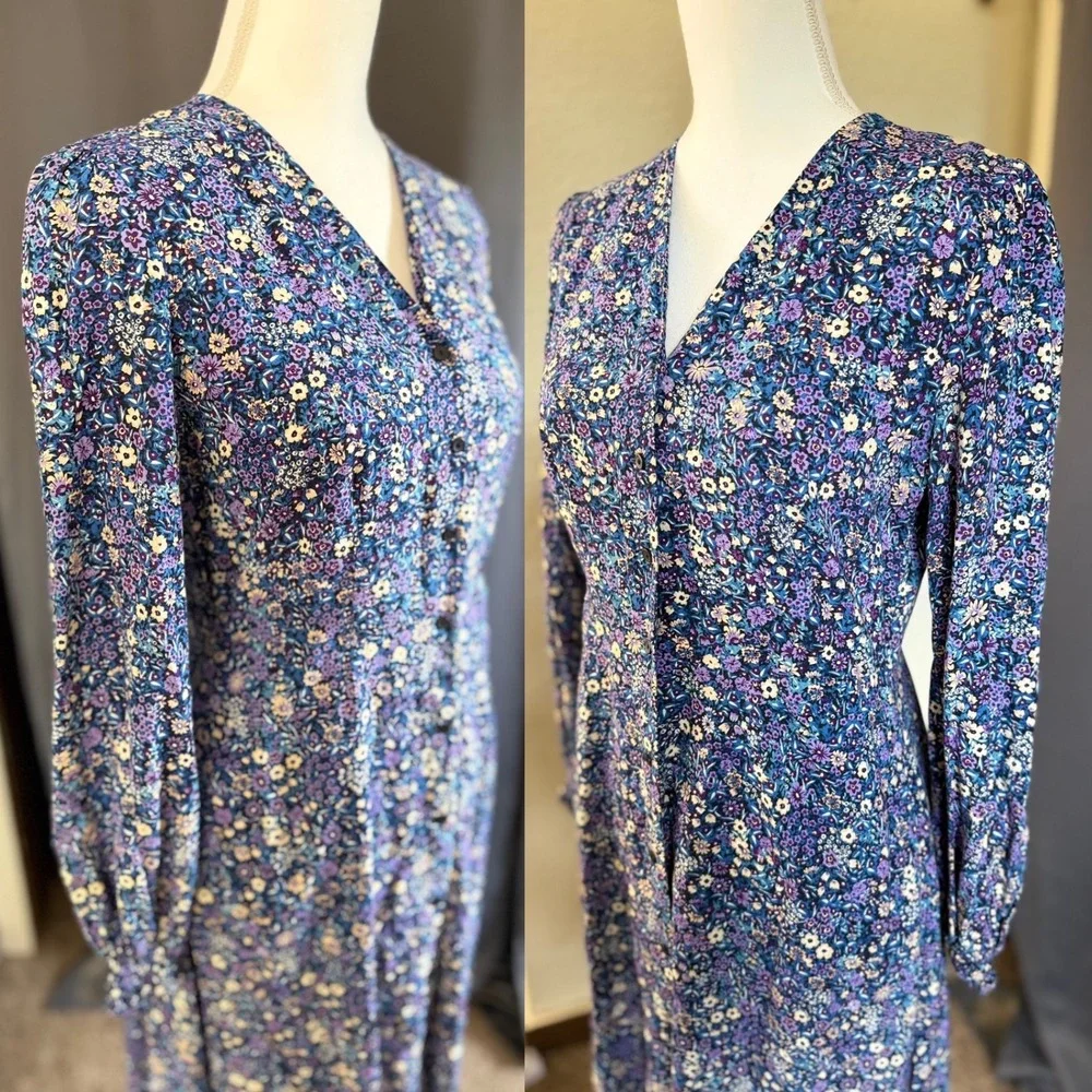 Uniqlo Floral Midi Dress Womens Small Purple blue Rayon Button Front cottagecore